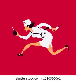 Doctor Or Nurse. Medical Character Running With A Syringe, A Stethoscope And Enema. Vector Illustration