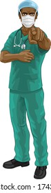 A doctor or nurse medical healthcare professional wearing scrubs uniform. Pointing at the viewer in a needs or wants you gesture with serious but caring look. Wearing PPE including face mask.