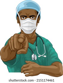 A doctor or nurse medical healthcare professional wearing scrubs uniform. Pointing at the viewer in a needs or wants you gesture with serious but caring look. Wearing PPE including face mask.