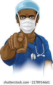 A doctor or nurse medical healthcare professional wearing scrubs uniform. Pointing at the viewer in a needs or wants you gesture with serious but caring look. Wearing PPE including face mask.