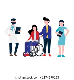 Doctor, nurse medical hospital center employee and woman patient on wheelchair with male young boy helper character set flat style design vector illustration isolated on white background.