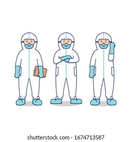 Doctor Nurse Medical Hospital People With Hazmat Biohazard Suit For Corona Disease Pandemic Epidemic Vector Set