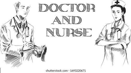 Doctor And Nurse With Medical Icon, Hand Drawn Sketch Vector Background.