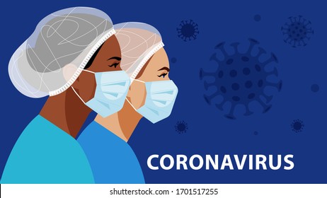 Doctor and nurse in medical mask and hat. Virus floating in the air. Concept of medical occupation, people care.Coronavirus alarm, protection and prevention. Modern vector illustration