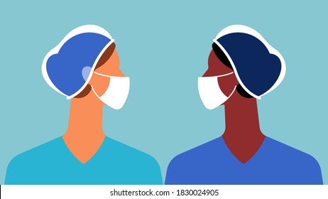 Doctor and nurse in a medical mask and hat. Virus symbol in the air. Medical staff are fighting a viral infection. Vector illustration of a nurses.