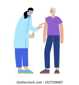 Doctor or nurse in medical office vaccinates a senior man. Global vaccination concept against coronavirus, flu, other viruses, infections or diseases. Syringe with medicine flat vector illustration