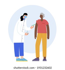 Doctor or nurse in medical office vaccinates a senior man. Global vaccination concept against coronavirus, flu, other viruses, infections or diseases. Syringe with medicine flat vector illustration