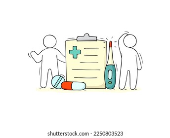 Doctor and nurse with medical report, health record or prescription for medicines. Concept of healthcare service in hospital or clinic with paper document on clipboard, pills, vector doodle illustrati
