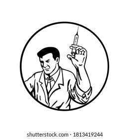 Doctor Nurse Medical Worker or Scientist Wearing Lab Coat Holding Up Syringe with Vaccine Retro Black and White