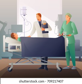 Doctor and nurse with medication near bed with sick in hospital ward flat composition vector illustration