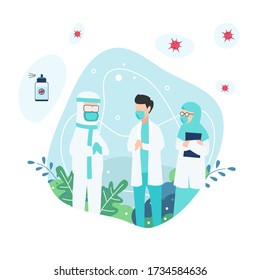 Doctor, nurse and men wearing hazmat clothes talking about coronavirus and hand sanitizer, Flat vector illustration isolated design