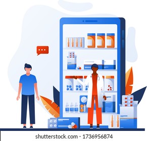 Doctor, nurse and mobile phone screen. Pharmacy poster. Online drugstore app. Drugs, pills. Examination and check up. Medical care. Healthcare concept banner. Medical consultation, tele medicine. 