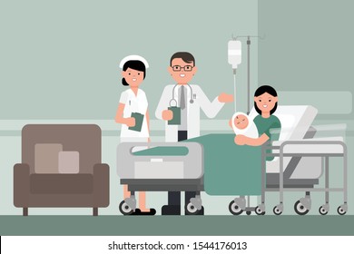 Doctor, Nurse And Mother With New Born Baby In The Modern Delivery Ward. Parent And Their Infant First Moments In Hospital. Isolated Vector.