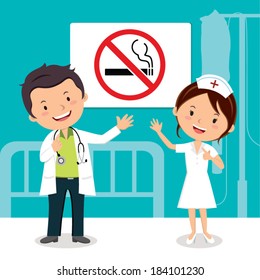 Doctor and Nurse with non-smoking sign. Vector illustration of a smiling doctor and nurse on the background of hospital ward.