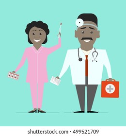 Doctor with a nurse on a colored background. African American doctors. Vector flat