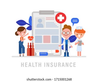 Doctor, Nurse and Patient Characters stand near Health Insurance Contract. Health care Concept. Flat design cartoon Vector Illustration.