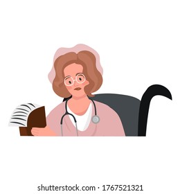 Doctor or nurse. Pensive female doctor is reading medical history. 
Doctor at work. Nice flat vector illustration in cartoon style on a white background.