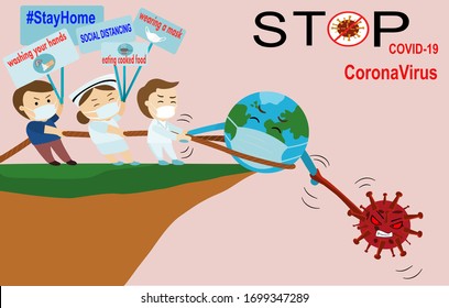 Doctor ,nurse and people  try to help world from covid-19 coronavirus they show method how to protect from virus and pull world up from coronavirus.People and coronavirus tug-of-war the world.vector 