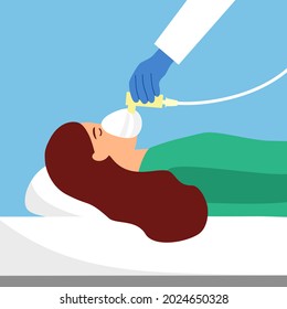 Doctor or nurse placing oxygen mask on woman patient lying on hospital bed. Oxygen therapy. Lung or respiratory system disease. Breathing problem. Inhaler assistance.