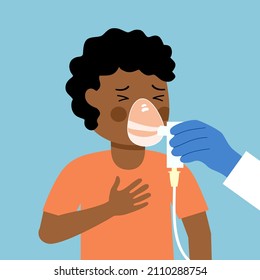 Doctor or nurse placing oxygen mask on African boy kids patient. Oxygen therapy. Lung or respiratory system disease. Breathing problem. Inhaler assistance.