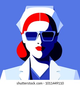 Doctor or nurse. Portrait of abstract young woman wearing white medical uniform. Vector illustration