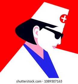 Doctor or nurse. Portrait of young woman wearing white medical uniform. Vector illustration