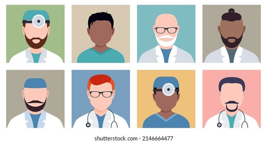 doctor, nurse. portraits of male multiethnic characters in a flat style. vector illustration.
