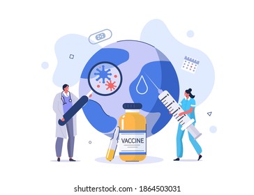 Doctor and Nurse Preparing For Global Vaccination against Coronavirus. Covid Vaccine ready for Clinical Trial. Immunization Campaign Concept. Flat Cartoon Vector Illustration.