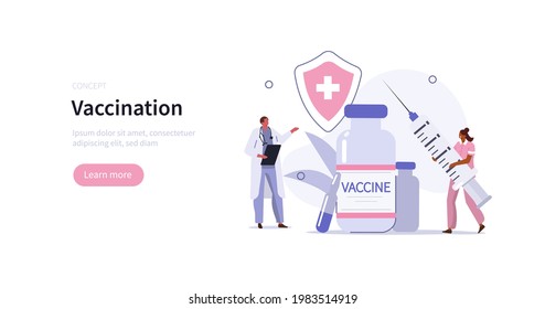 Doctor and nurse preparing for global vaccination against coronavirus. Covid vaccine ready for clinical trial. Immunization campaign concept. Flat cartoon vector illustration.