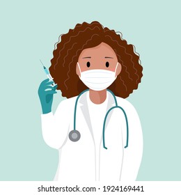 Doctor or nurse in protective medical mask holding a syringe. Kids immunization. Covid19 immunization. Covid-19 corona virus vaccination. Coronavirus. Vaccination concept vector flat illustration.