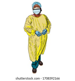 Doctor or nurse in the protective suit, medical mask and rubber gloves. Long hard working day in the hospital during COVID-19 coronavirus outbreak pandemic. Essential healthcare workers are heroes. 