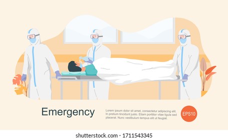 Doctor and nurse with protector clothing in a hurry taking patient. Patient on hospital bed pushed at isolation room. Emergency corona virus vector illustration.