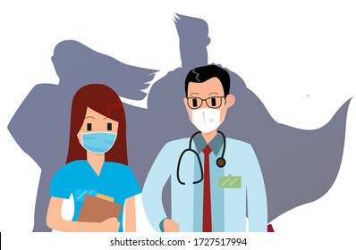 Doctor And Nurse Are The Real Superhero On Coronavirus Pandemic. The Real Hero In Epidemic Corona Virus. Flat Design Vector Icon