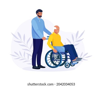 Doctor or nurse, relative pushing wheelchair with sick or disabled old man. Elderly person receiving help, care. Volunteer taking care about  handicapped senior patient. Vector illustration