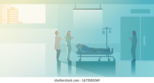 Doctor and Nurse in resuscitation medical ward of Patient in bed Flat vector illustration. Medical Clinic interior collection.