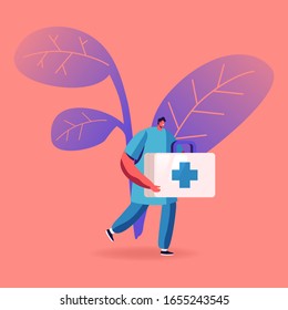 Doctor or Nurse in Robe with Medical Tools in Box with Cross Running to Help Diseased Patient with Hepatitis Crisis. Clinic, Hospital Healthcare Staff at Work Medicine. Cartoon Vector Illustration