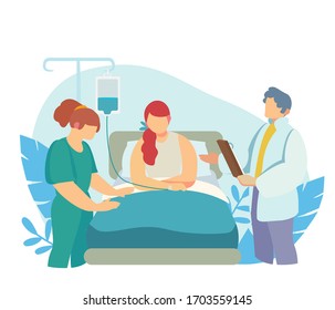 
A doctor and a nurse in a patient’s room check his health. Woman lies on a hospital bed.  Illustration in the flat style about health and care. Banner about hospitalization.