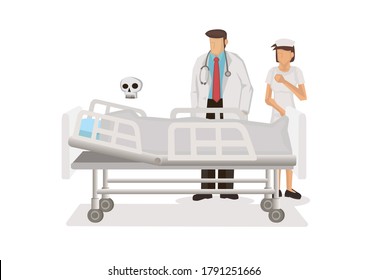 Doctor and Nurse sad that the patient in the hosiptal died. Flat vector illustration isolated on white background.