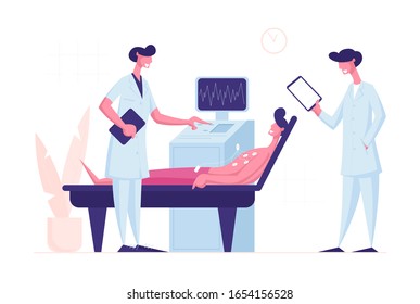 Doctor and Nurse Scanning Young Male Patient on Ultrasound Machine in Hospital Chamber. Computer Device for Medical Check Up. Diagnostic and Health Care Concept. Cartoon Flat Vector Illustration