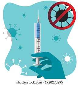 Ärztin, Krankenschwester, Wissenschaftlerin, Forscherin Hand in blauen Handschuhen hält Coronavirus, Covid-19-Impfstoff. Impfung, Medizin. Flache Vektorgrafik EPS10.
