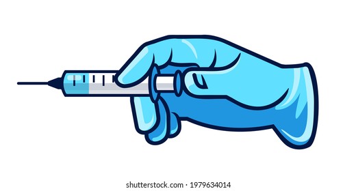 Doctor, nurse, scientist, researcher hand in blue gloves holding  medical syringe with COVID-19 vaccine. Vaccination shot, medicine and drug concept. Flat vector illustration.