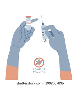 Doctor, nurse, scientist, researcher two hands in blue medical gloves holding coronavirus, covid-19 2019-ncov vaccine, syringe, ampoule. Vaccination shot, medicine concept. Flat vector illustration.
