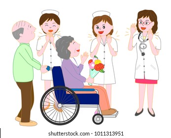 A doctor and a nurse to see off the elderly patient of wheelchair who leaves the hospital.
