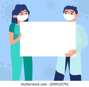 Doctor and a nurse in special uniforms and masks hold a blank banner for inscriptions.