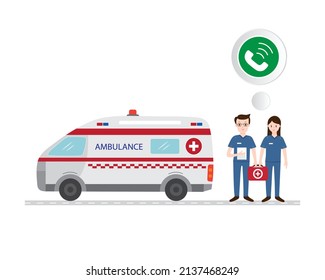 Doctor and nurse are standing beside ambulance car with telephone call icon.Emergency.First aid.Medical health care cartoon character.Vector illustration.