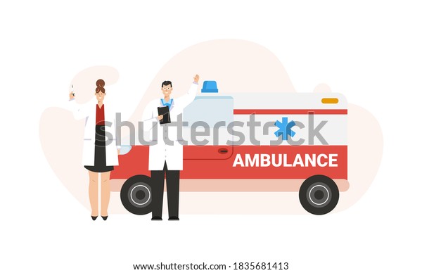 Doctor and nurse standing by ambulance isolated\
scene. Medicine professionals in uniform. Medical service special\
vehicle. Vector character illustration of healthcare, saving live\
in emergency