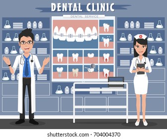 Doctor and nurse standing in dental office.preparing for dental exam. Dentist workplace, equipment, instruments.