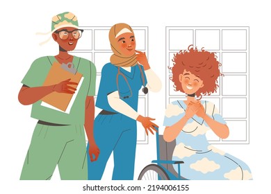 Doctor and Nurse Standing with Patient on Wheelchair as Medical Staff Working in Clinic Vector Illustration
