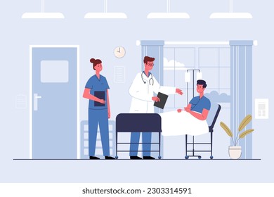 doctor and nurse standing with patient on the bed. Vector illustration in a flat style cartoon character