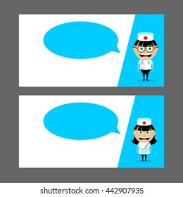 Doctor, nurse with stethoscope and thermometer.  Speech Balloon. Vector illustration, character. Set of business cards, flyers. Medicine.